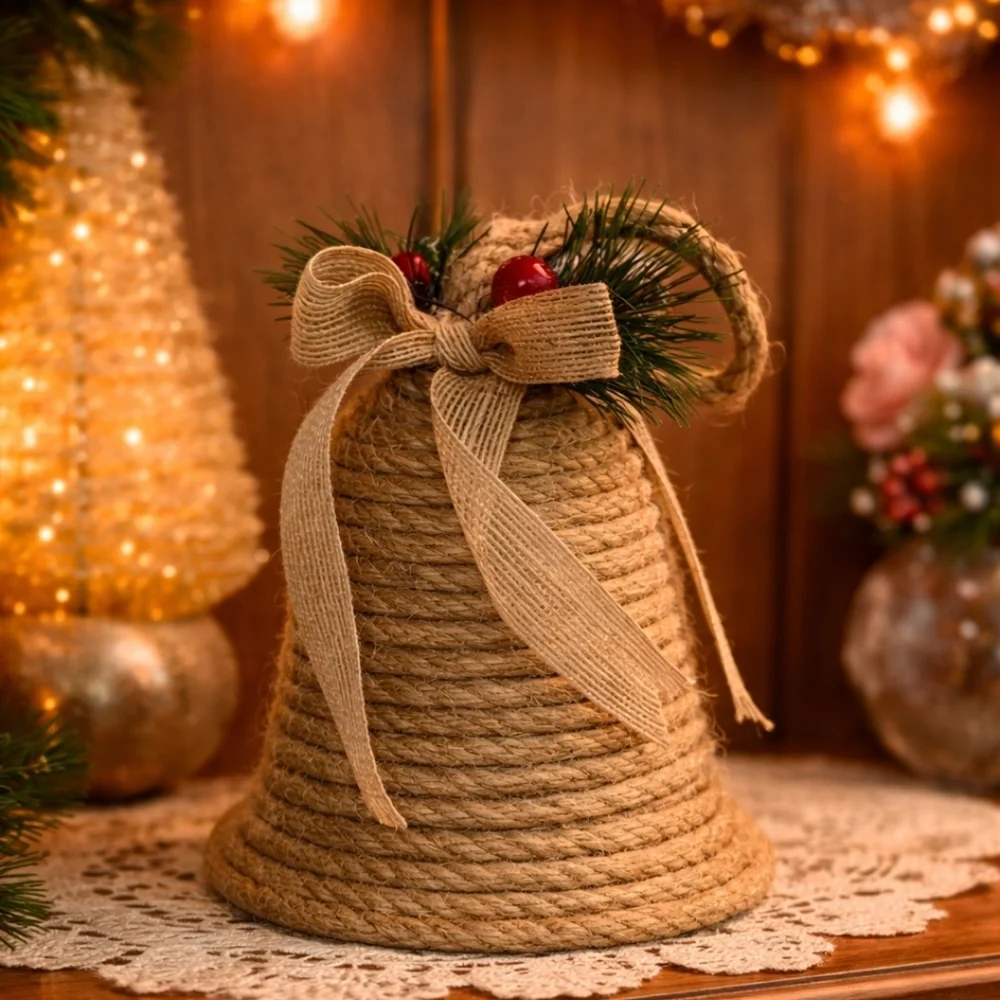 VINTAGE Bell Jute Rope Bows 9.5 inch Tall Holly Berry Trim